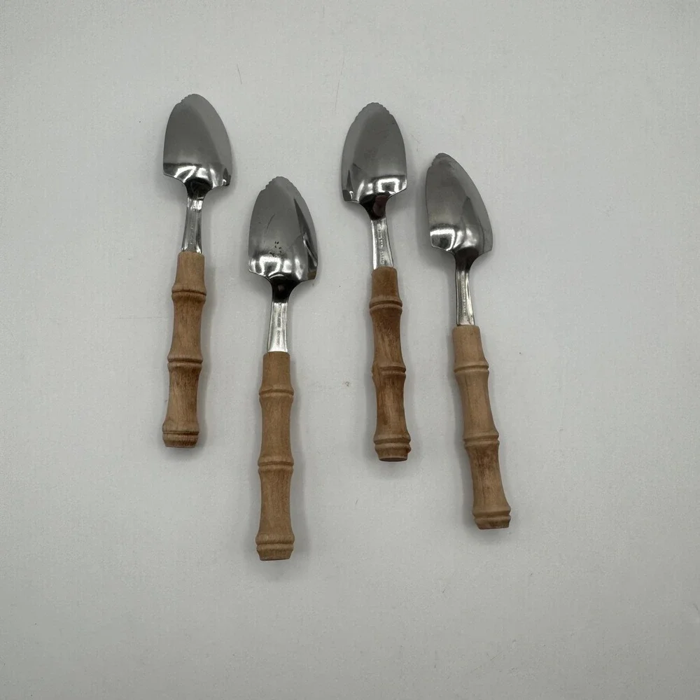 Japan Bamboo Handle Serrated Edge Stainless Steel Grapefruit Spoon Set of 4